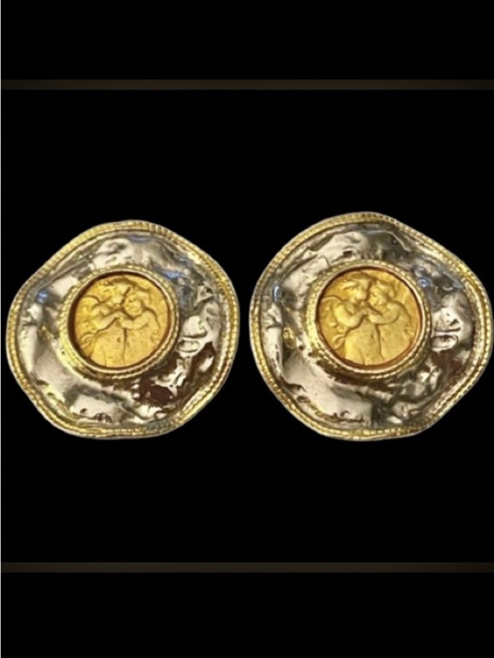 Vintage Chunky Gold & Silver Metal Wavy Motive Angels Cherubs Clip-On Earrings